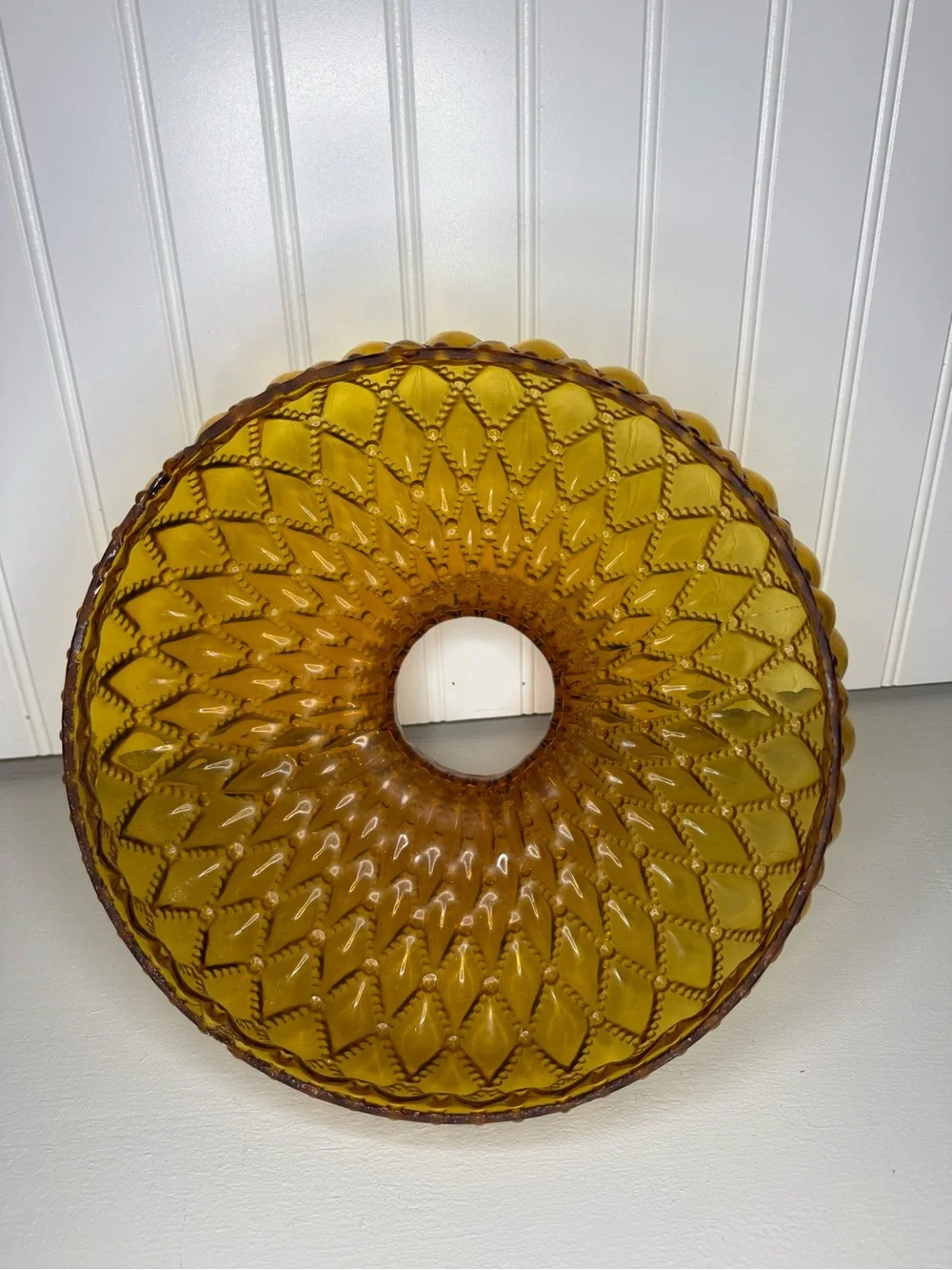 VTG Large 10” Fitter Amber Glass Hurricane Lamp Shade Diamond Quilted Ruffle
